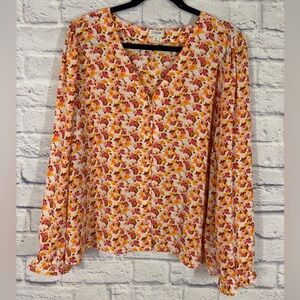 J.Crew Factory Pink Orange Floral Button Front Blouse Long Sleeve Plus Size 2X